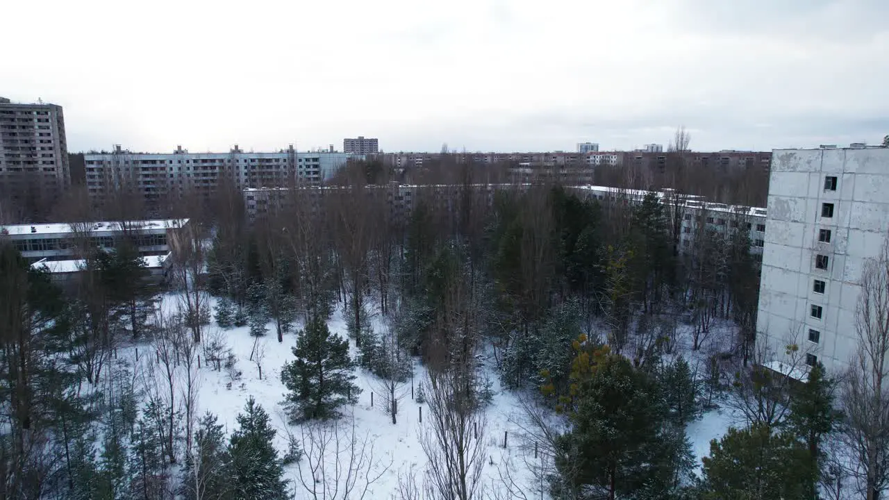 Abandoned residential block of Pripyat city near Chernobyl in winter