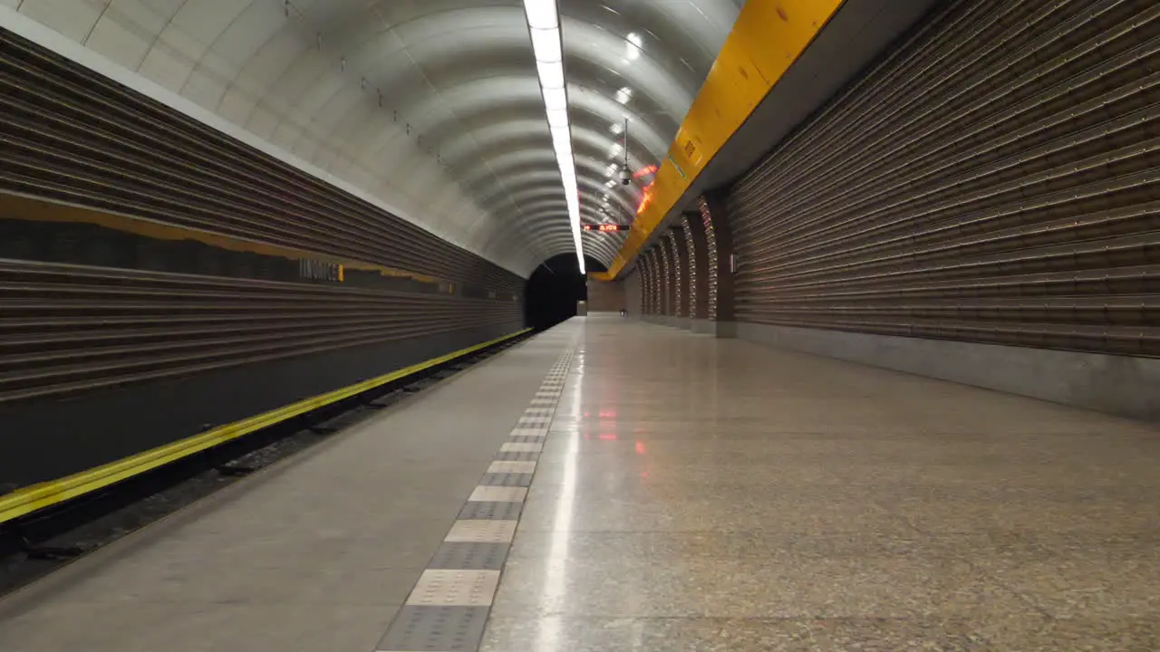 Deserted Metro Station Platform During Covid-19 Virus Pandemic Empty Platform Low Angle Slow Motion