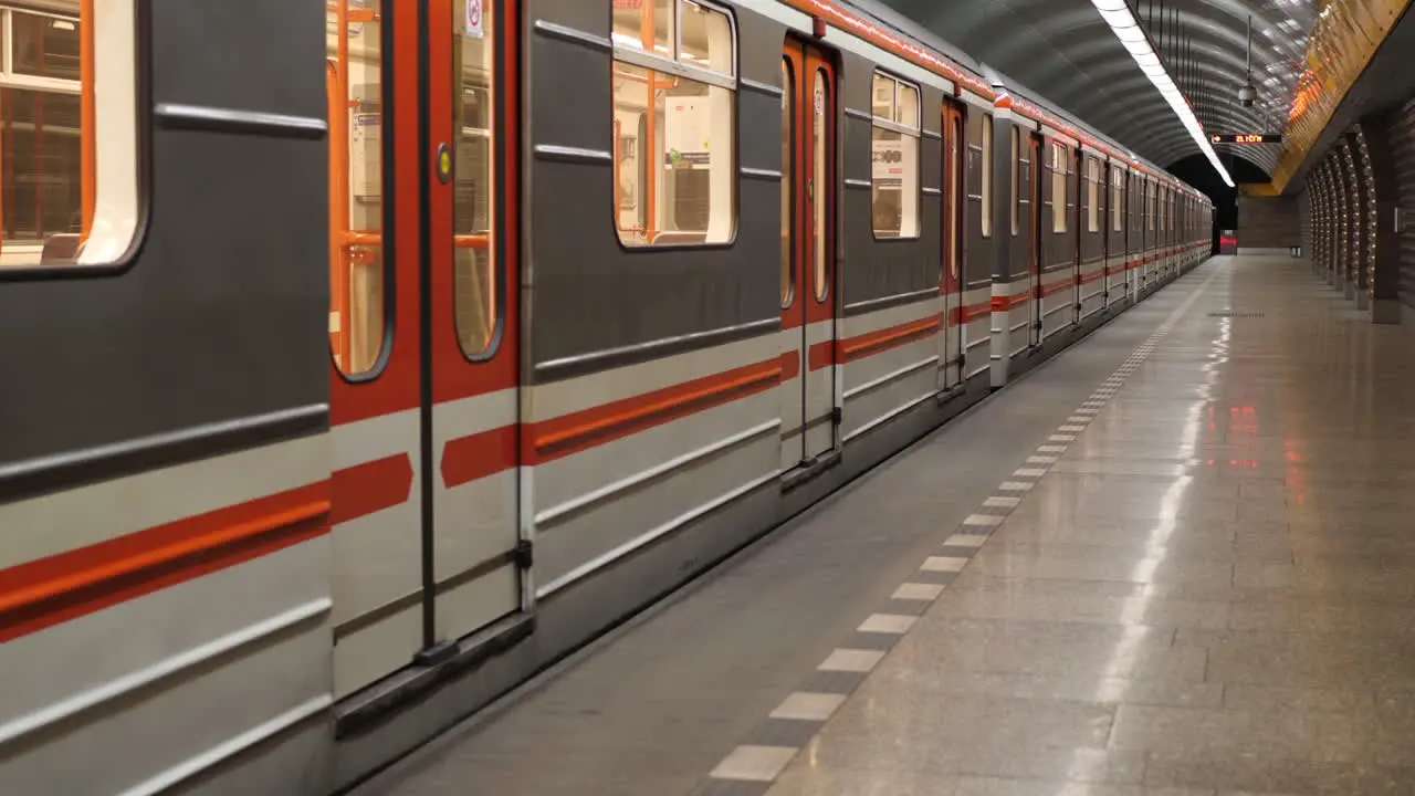 Empty Metro Train Arriving on Deserted Underground Subway Station Terminal Slow Motion