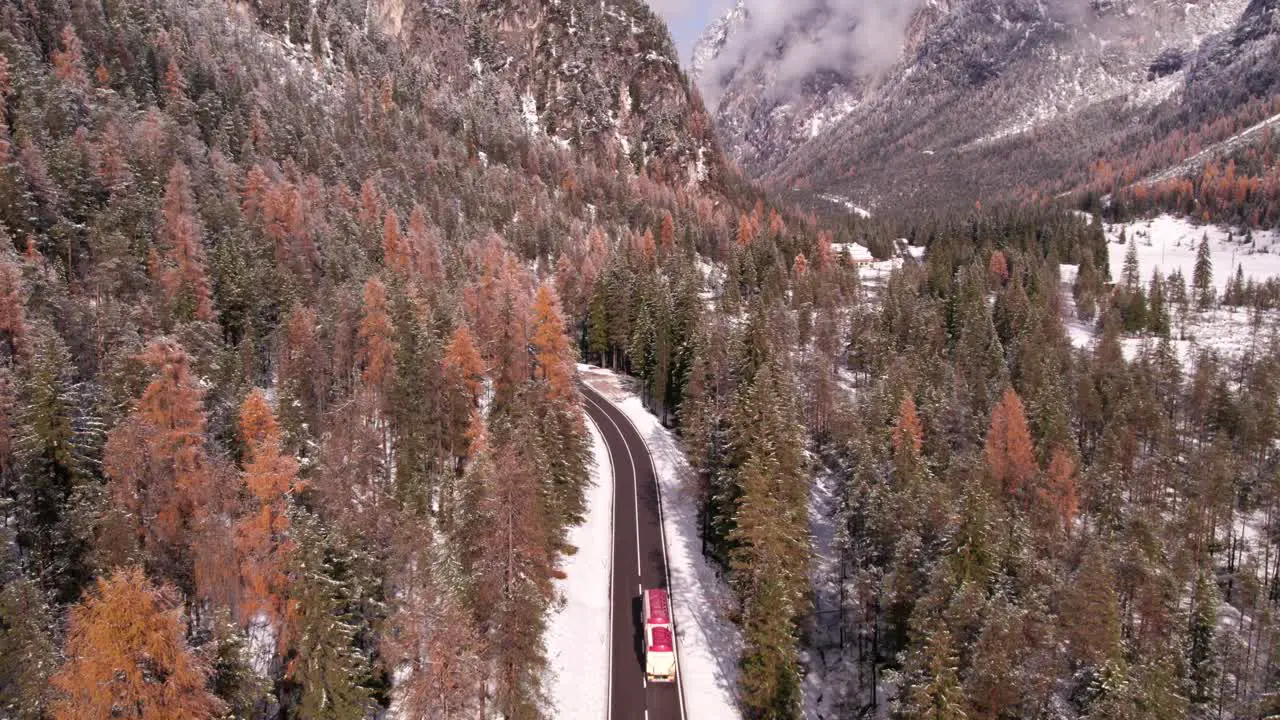 Road passing through alpine valley with woodland landscape during winter aerial