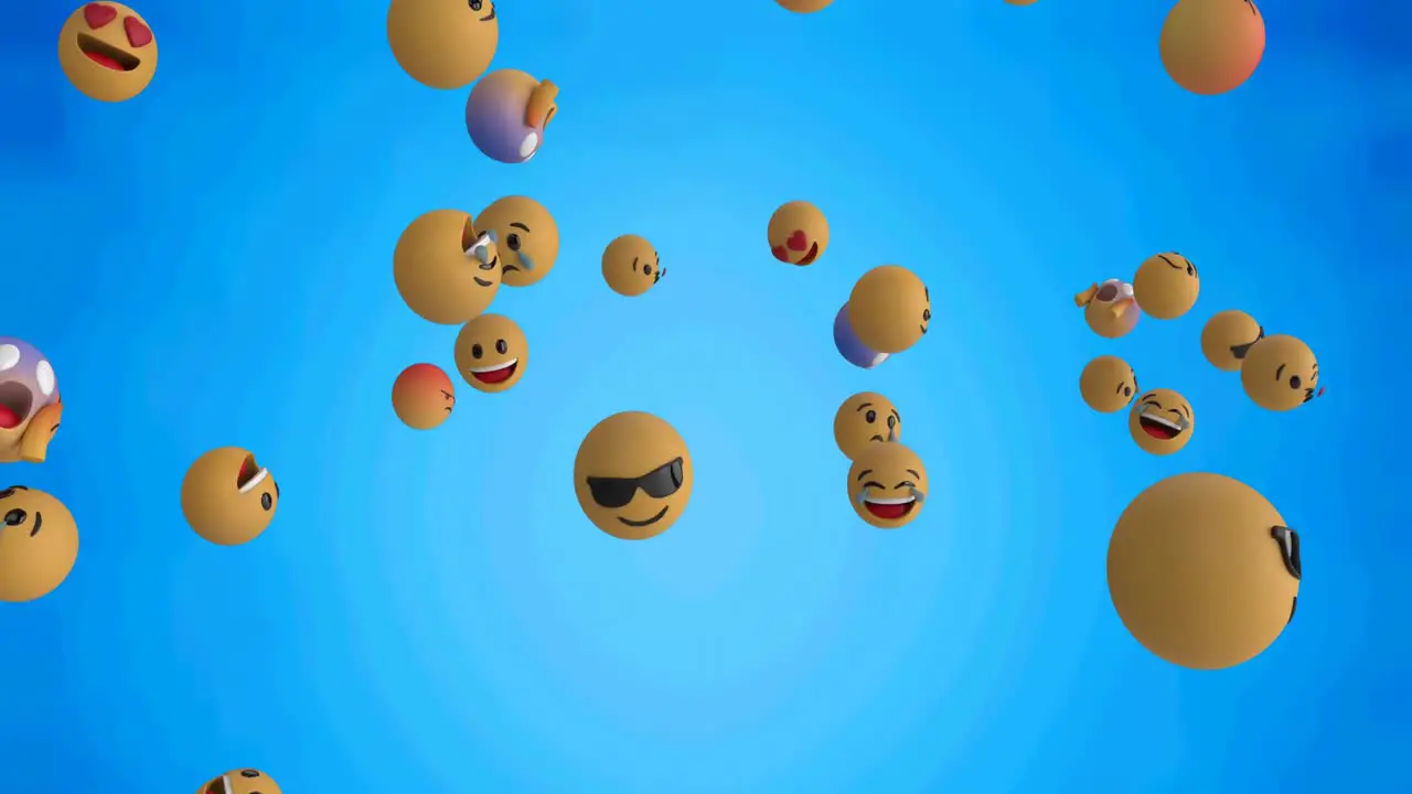 Digital animation of multiple face emojis floating against textured blue background