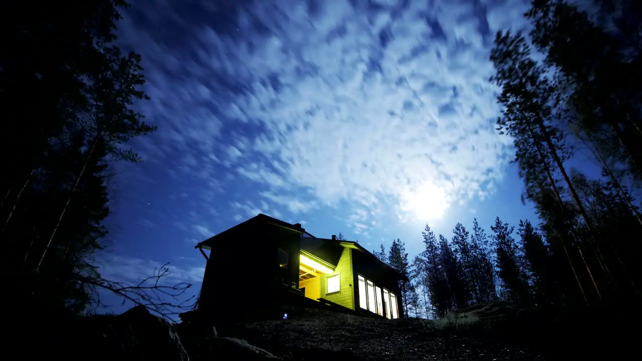 Time lapse of full moon from cabin in forest in Finland at night