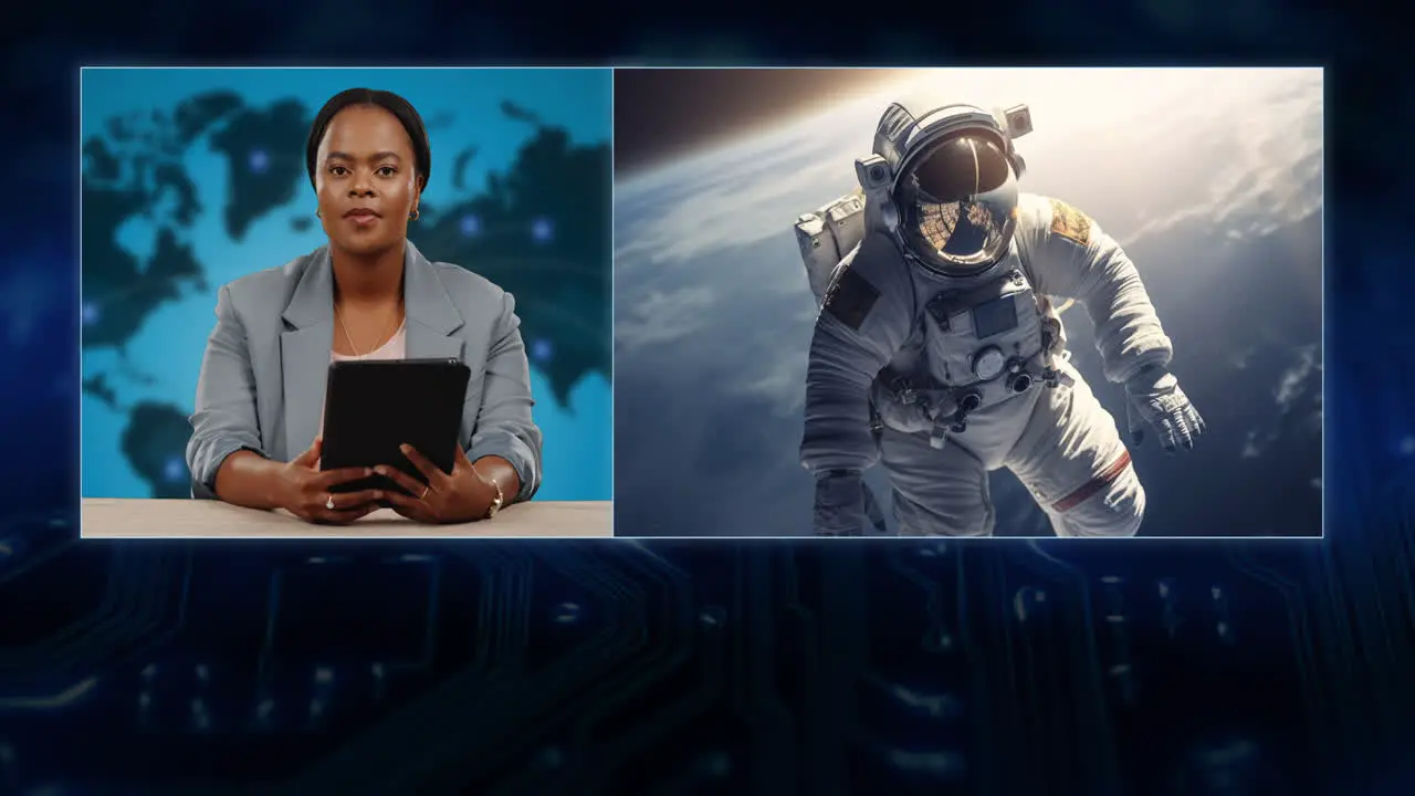 News reporter woman and astronaut in space