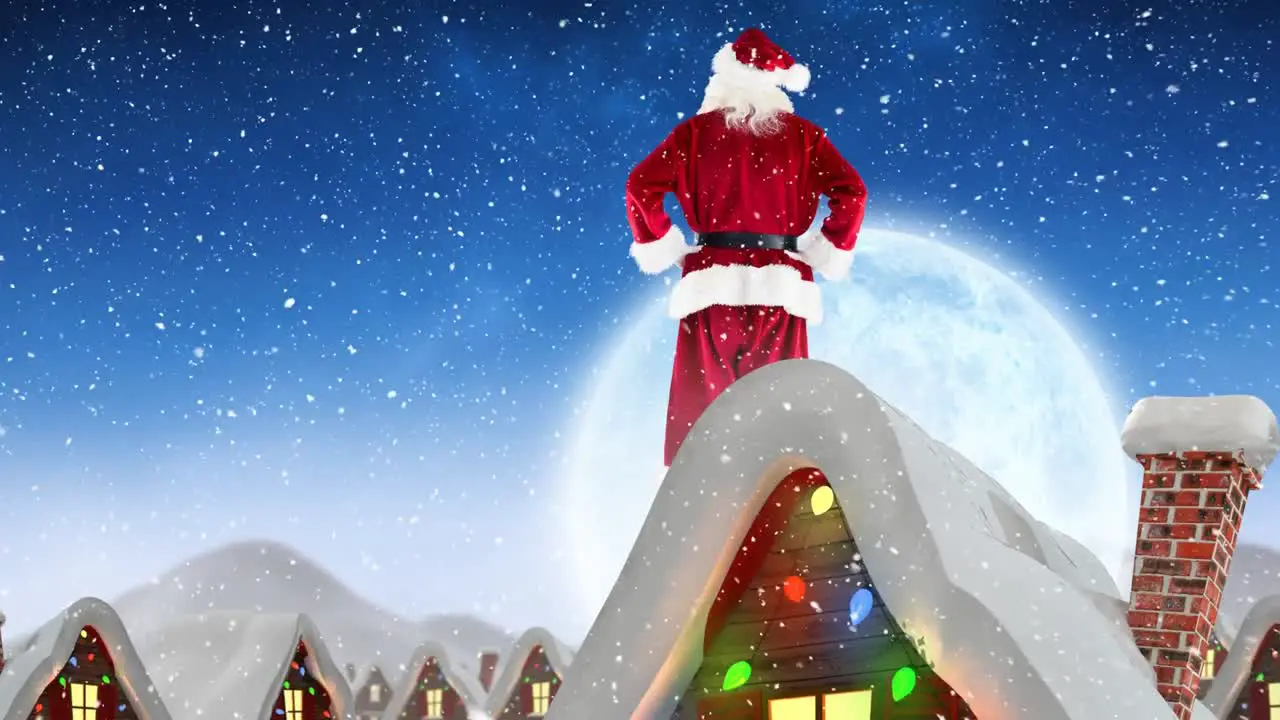 Santa clause on a roof in winter scenery combined with falling snow