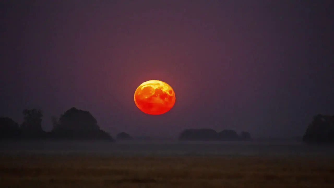 The super moon rises over the trees on the horizon and glows zoomed in detail of craters in a time lapse