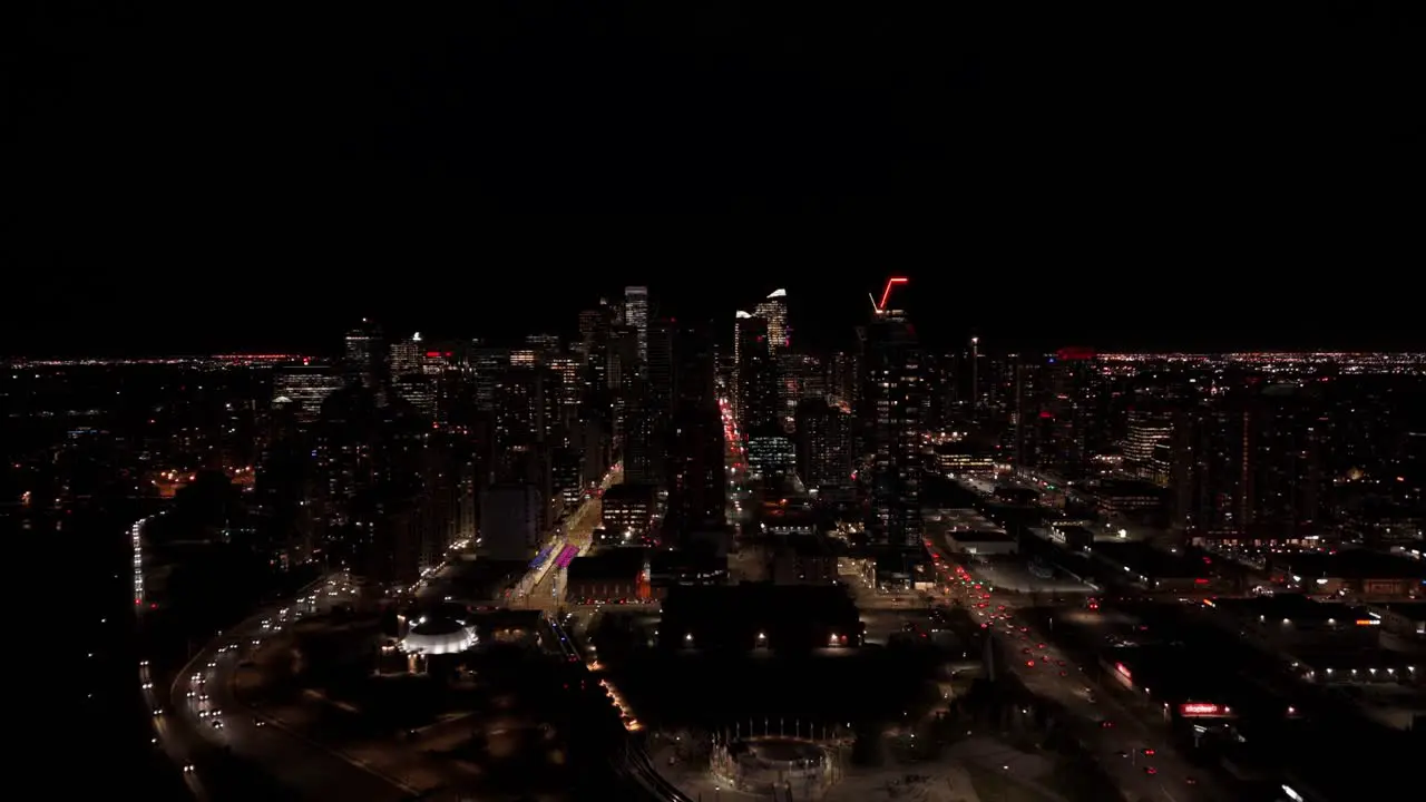 Drone flight of Downtown Calgary at night