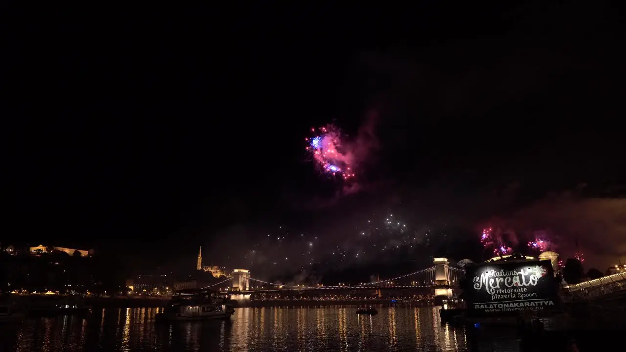 The colourful firework has already begun on St Stephen's day in Budapest at the Chain Bridge over the river Danube