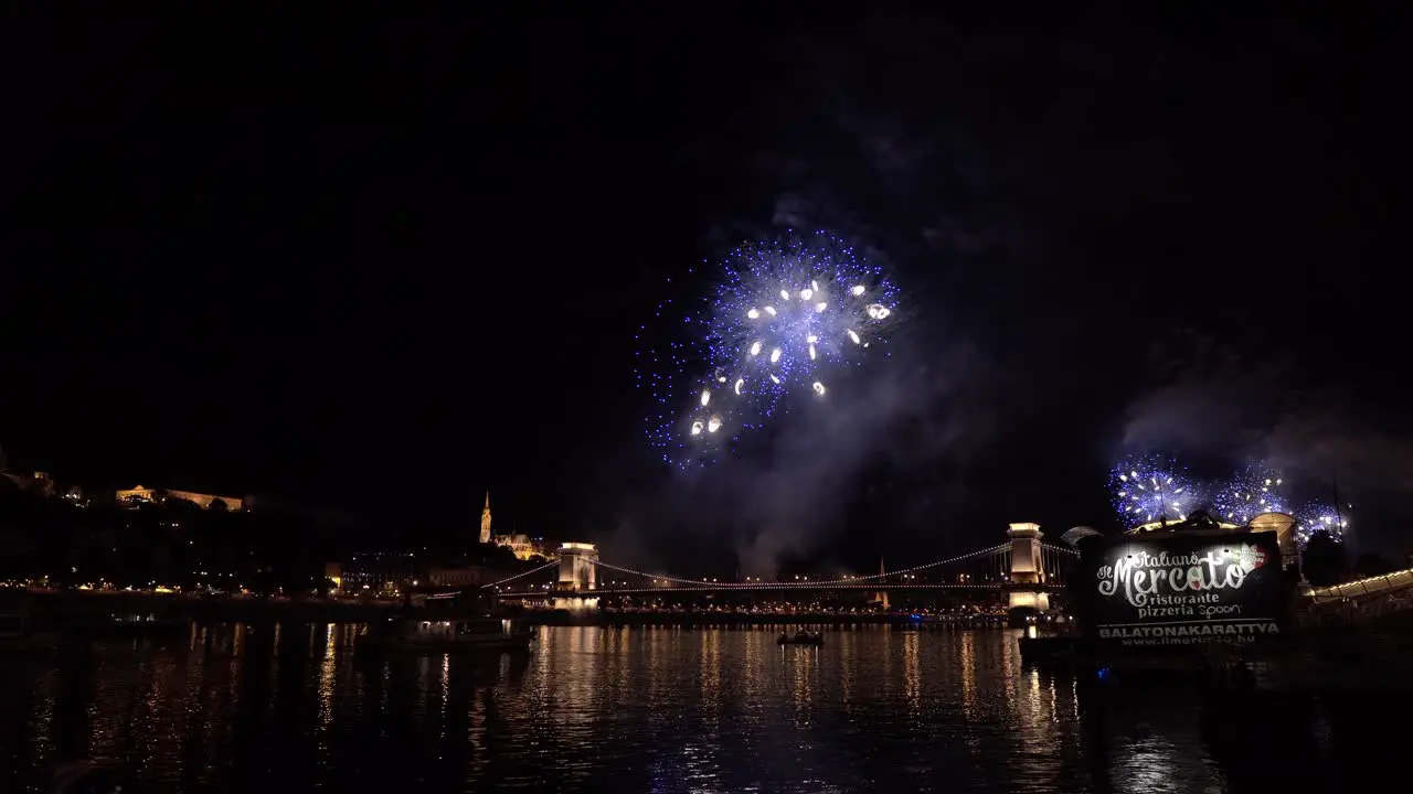 The traditional firework in the Budapest night on St Stephen's day over the Danube at the famous Chain Bridge