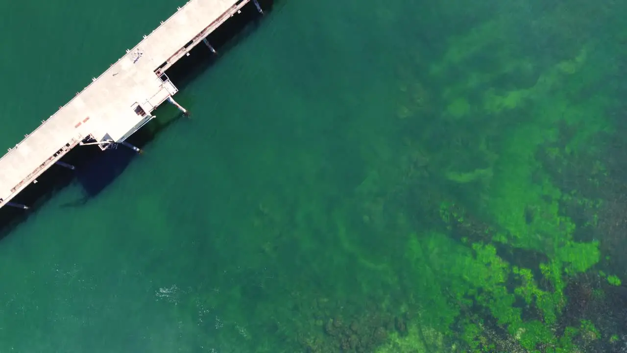 Bird's-eye drone pan shot over clear ocean reef and coal loading wharf bridge with speed boat at Catherine Hill Bay Swansea NSW Australia 3840x2160 4K