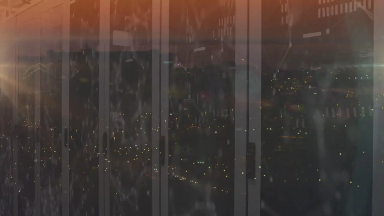 Animation of network of connections over computer server room against night city traffic