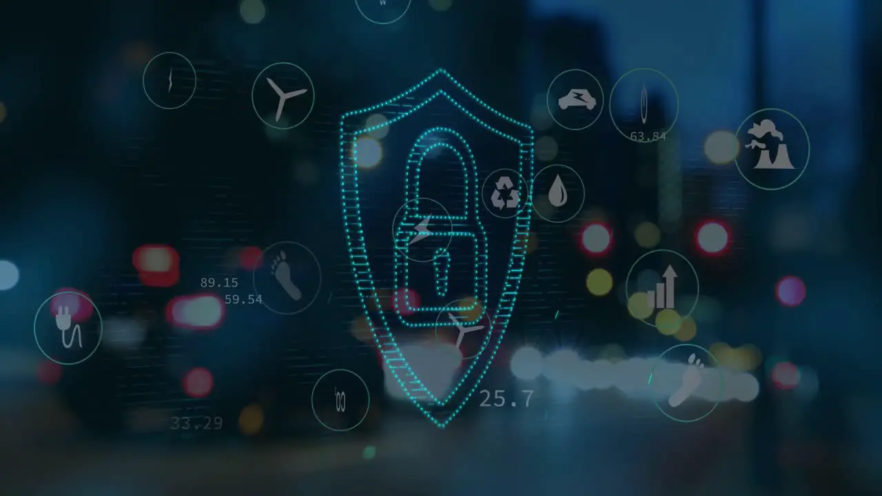 Animation of digital icons and security padlock icon against blurred view of night city traffic