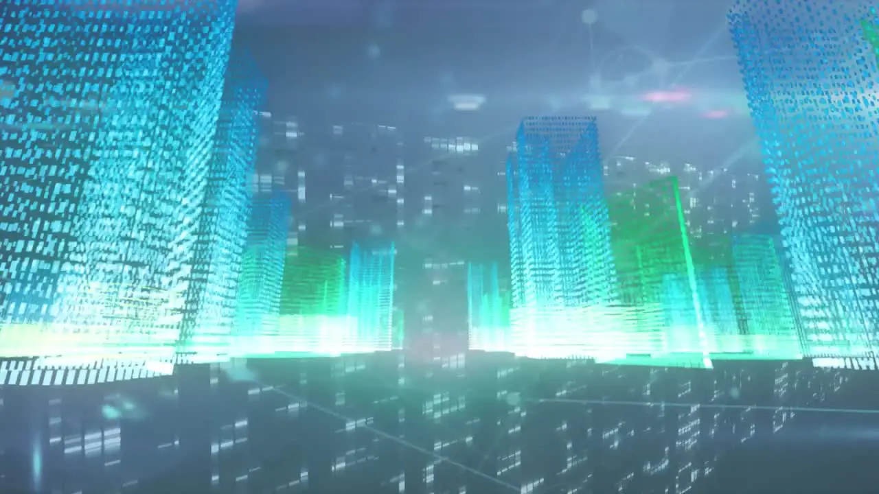 Animation of colorful digital buildings and communication network over city at night